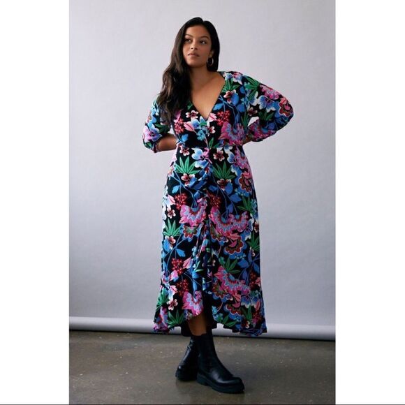 NEW Anthropologe Maeve Ruched V-Neck Black Floral High-Low Maxi Dress Size 14 - Picture 1 of 10